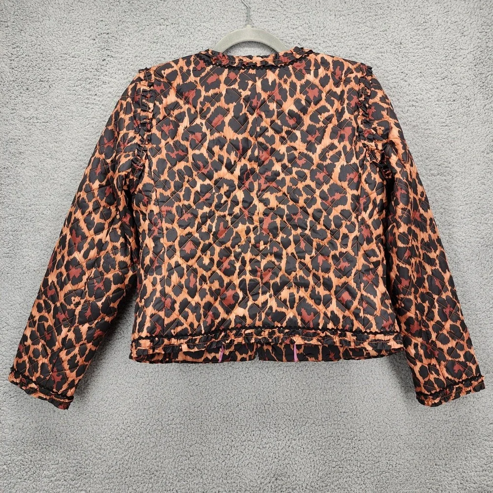 J.Crew Re-Imagined Quilted‎ Leopard Print Ruffle Trim Jacket Size 6 Animal Print